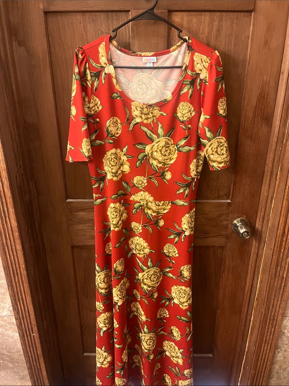 LuLaRoe Red Maxi Dress with Yellow Floral Pattern